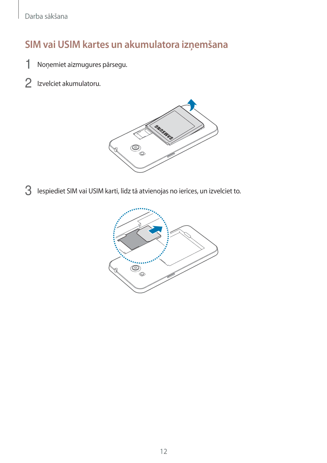 Samsung SM-G355HZWNSEB, SM-G355HZKNSEB manual SIM vai Usim kartes un akumulatora izņemšana 