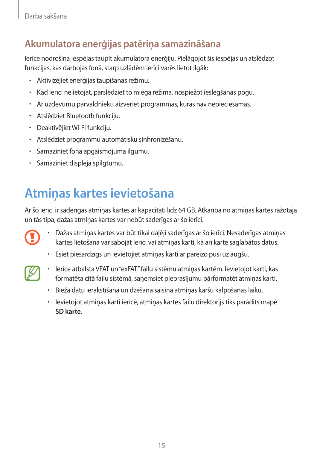 Samsung SM-G355HZKNSEB, SM-G355HZWNSEB manual Atmiņas kartes ievietošana, Akumulatora enerģijas patēriņa samazināšana 