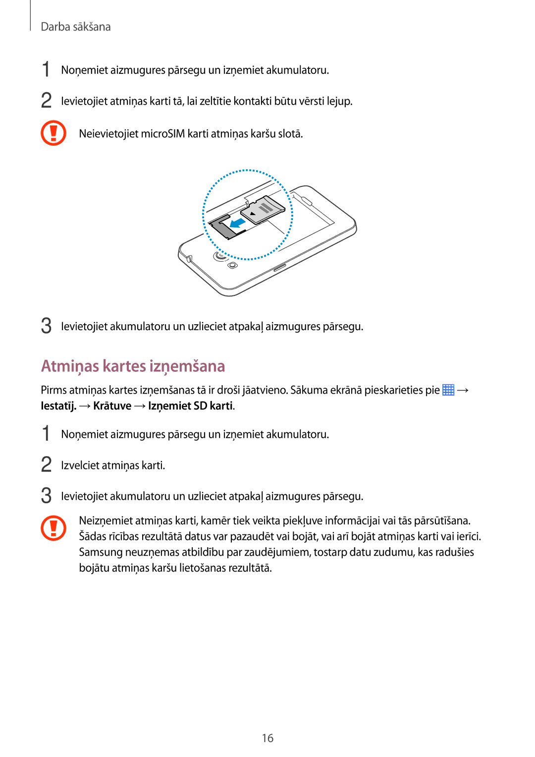 Samsung SM-G355HZWNSEB, SM-G355HZKNSEB manual Atmiņas kartes izņemšana 