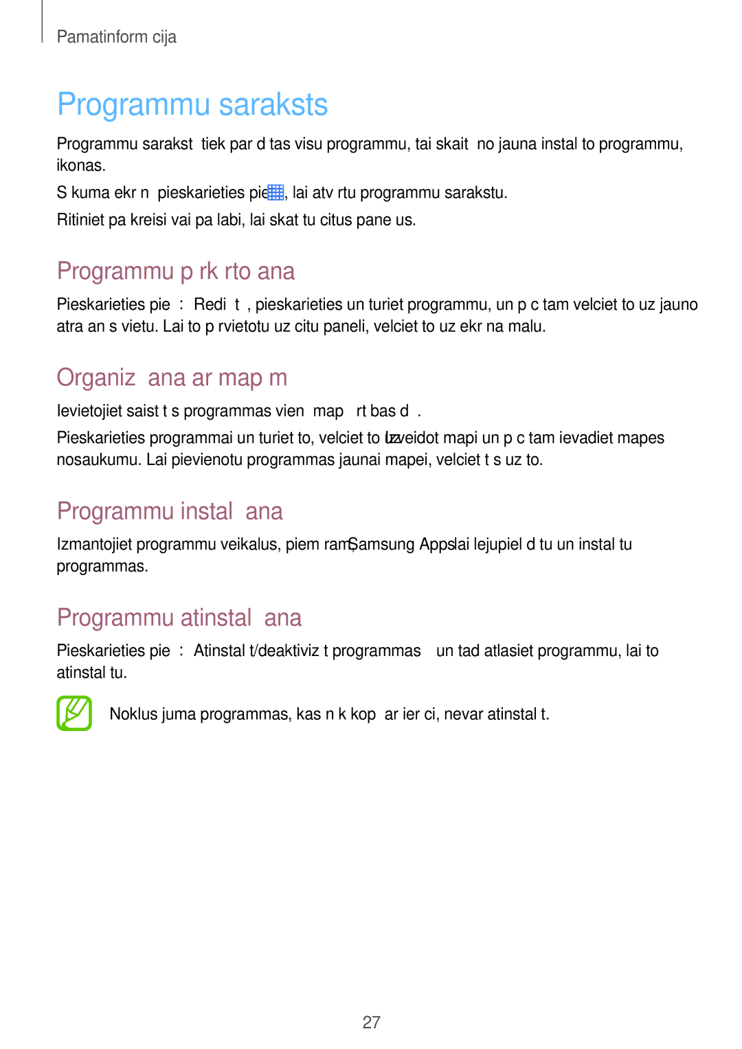 Samsung SM-G355HZKNSEB manual Programmu saraksts, Programmu pārkārtošana, Organizēšana ar mapēm, Programmu instalēšana 