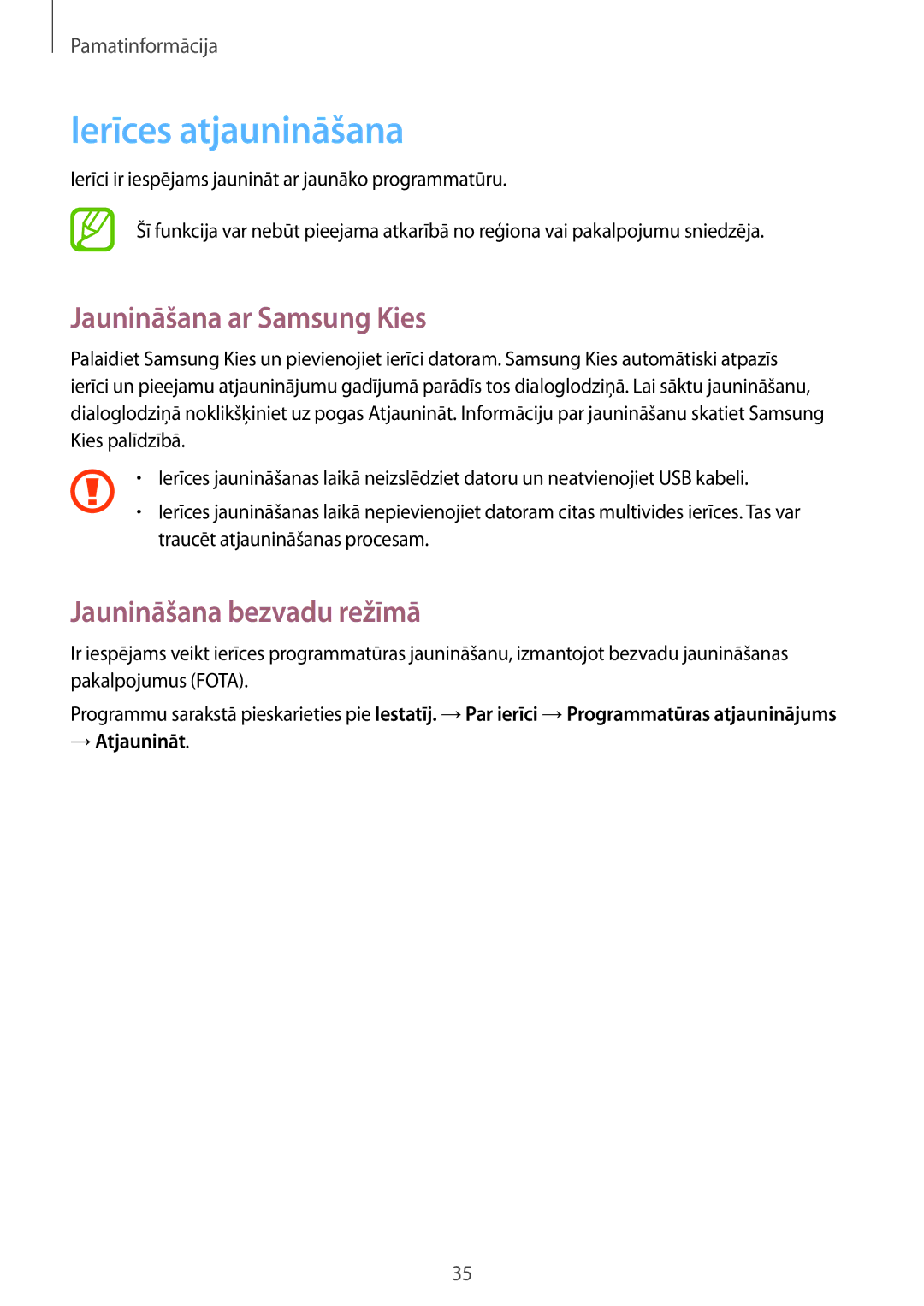Samsung SM-G355HZKNSEB, SM-G355HZWNSEB manual Ierīces atjaunināšana, Jaunināšana ar Samsung Kies, Jaunināšana bezvadu režīmā 
