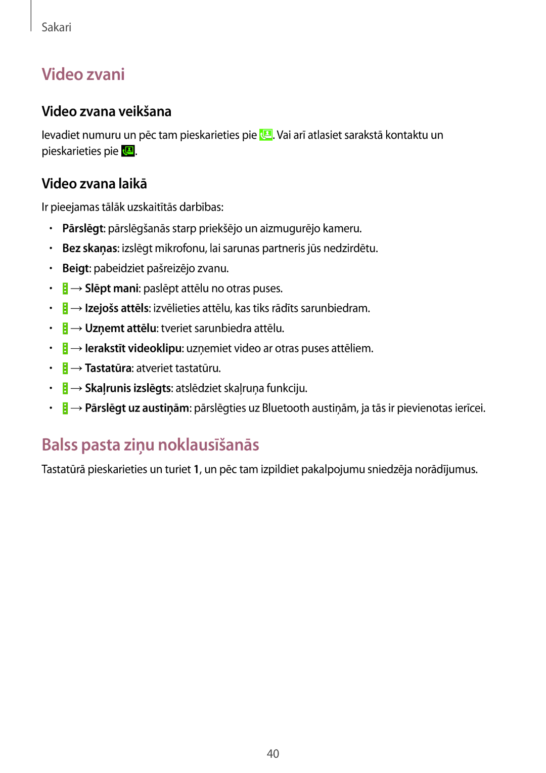 Samsung SM-G355HZWNSEB manual Video zvani, Balss pasta ziņu noklausīšanās, Video zvana veikšana, Video zvana laikā 