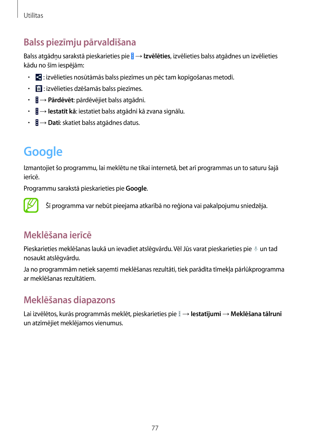 Samsung SM-G355HZKNSEB, SM-G355HZWNSEB manual Google, Balss piezīmju pārvaldīšana, Meklēšana ierīcē, Meklēšanas diapazons 