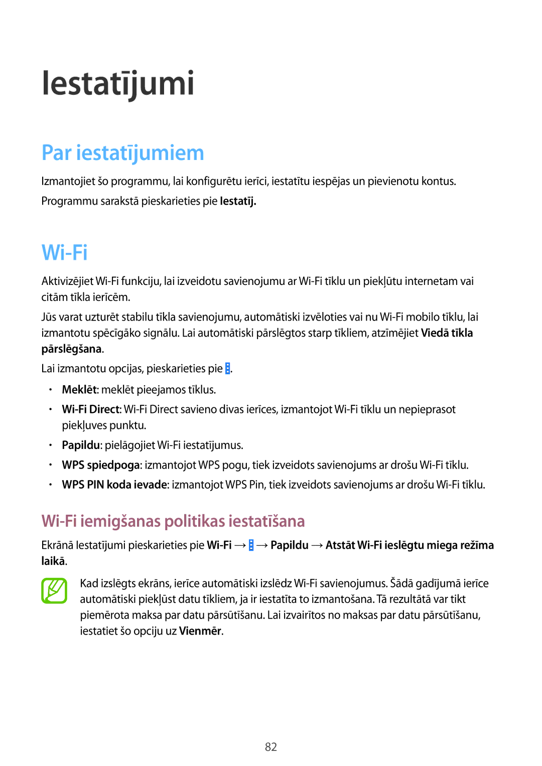 Samsung SM-G355HZWNSEB, SM-G355HZKNSEB manual Iestatījumi, Par iestatījumiem, Wi-Fi iemigšanas politikas iestatīšana 