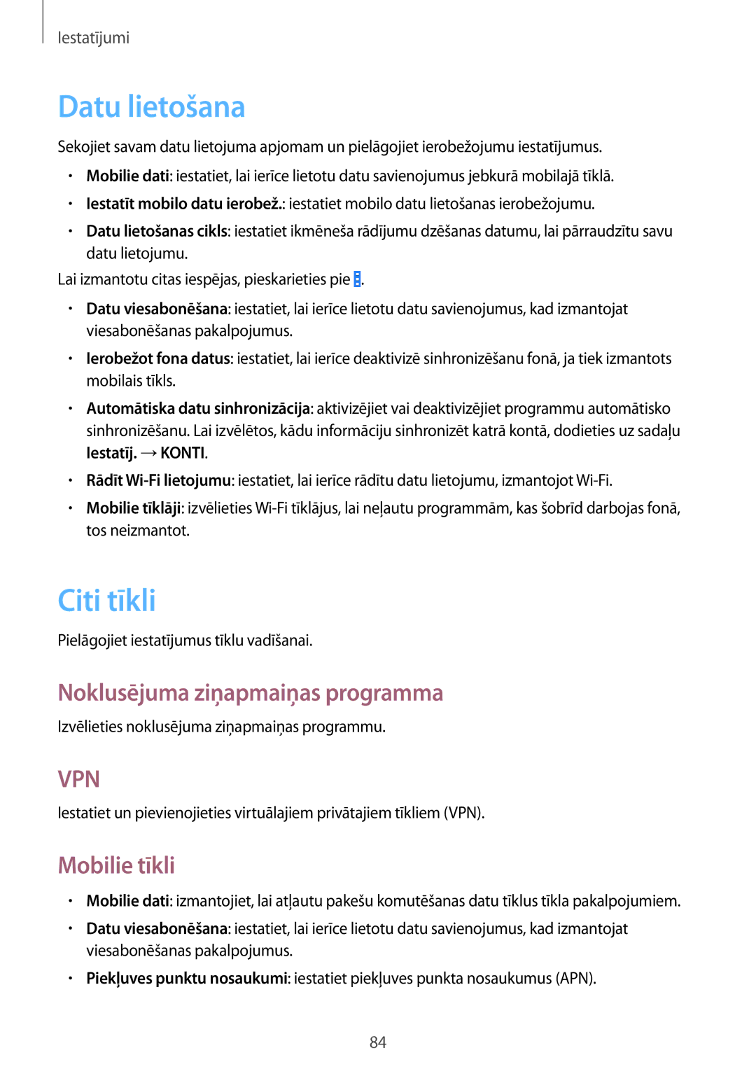 Samsung SM-G355HZWNSEB, SM-G355HZKNSEB manual Datu lietošana, Citi tīkli, Noklusējuma ziņapmaiņas programma, Mobilie tīkli 