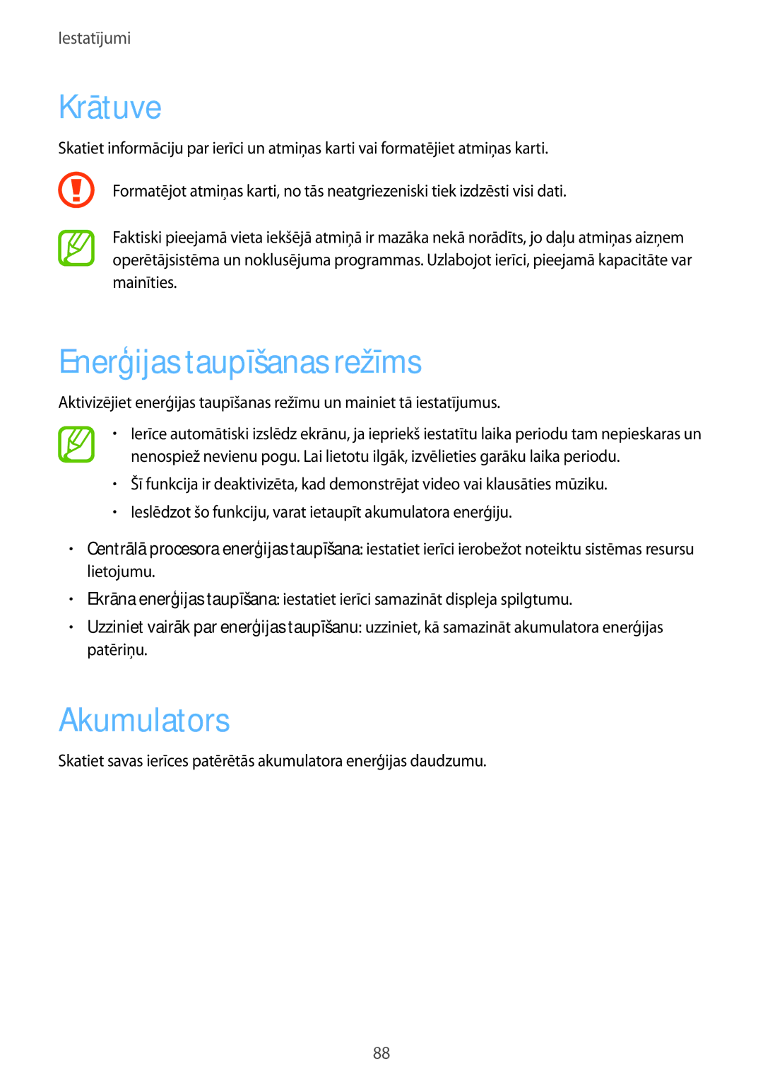Samsung SM-G355HZWNSEB, SM-G355HZKNSEB manual Krātuve, Enerģijas taupīšanas režīms, Akumulators 