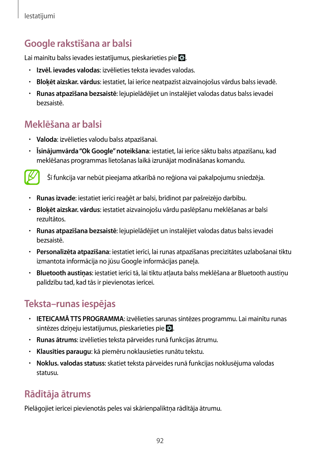 Samsung SM-G355HZWNSEB manual Google rakstīšana ar balsi, Meklēšana ar balsi, Teksta-runas iespējas, Rādītāja ātrums 