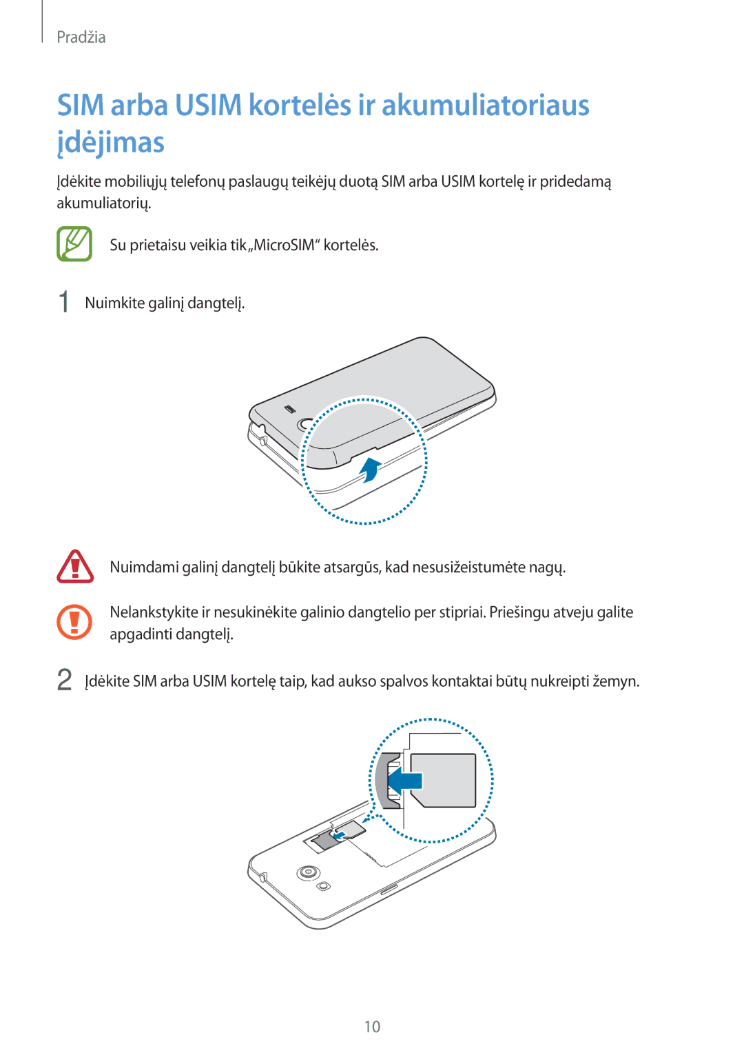 Samsung SM-G355HZWNSEB, SM-G355HZKNSEB manual SIM arba Usim kortelės ir akumuliatoriaus įdėjimas 