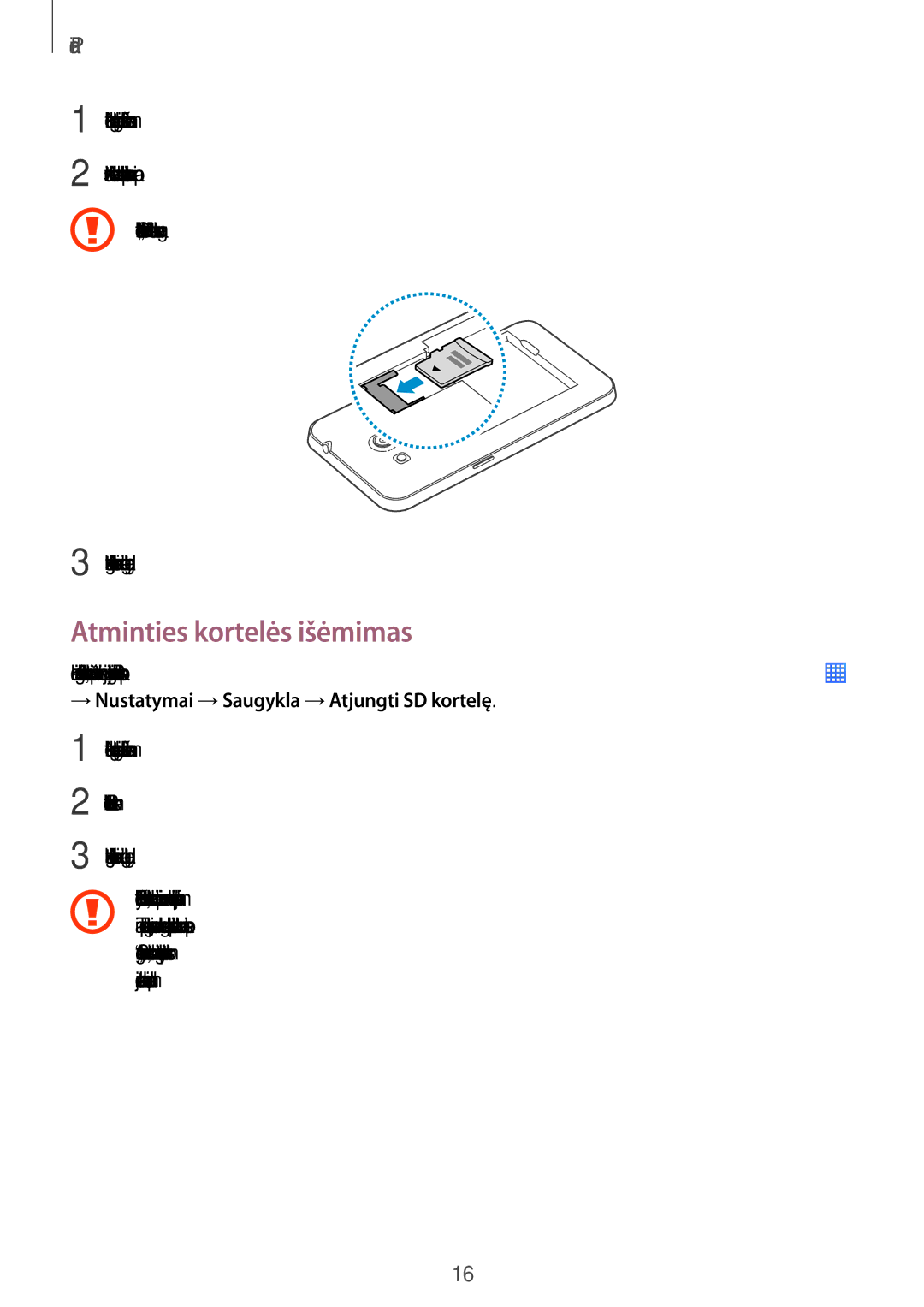 Samsung SM-G355HZWNSEB, SM-G355HZKNSEB manual Atminties kortelės išėmimas, → Nustatymai →Saugykla →Atjungti SD kortelę 