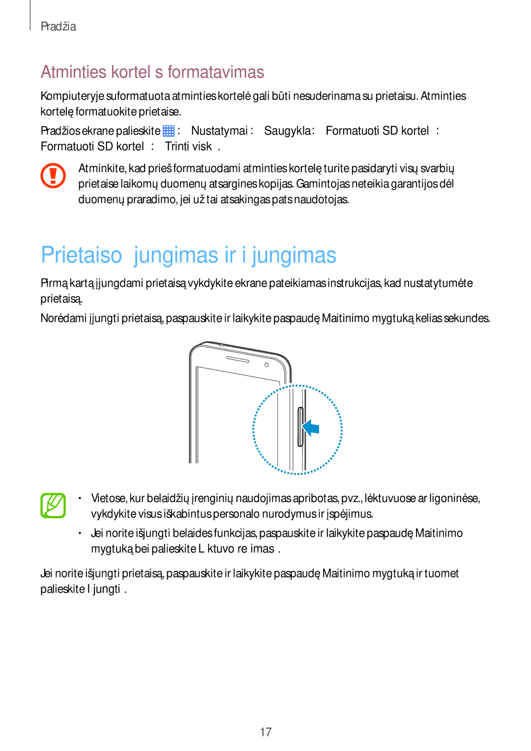 Samsung SM-G355HZKNSEB, SM-G355HZWNSEB manual Prietaiso įjungimas ir išjungimas, Atminties kortelės formatavimas 