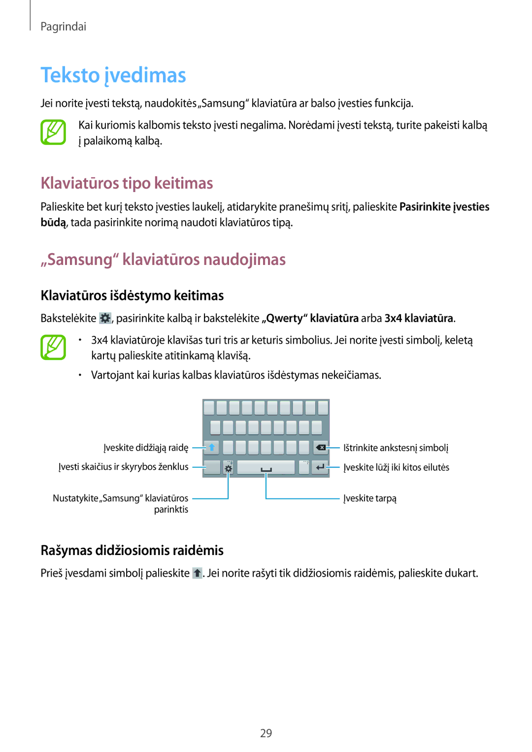 Samsung SM-G355HZKNSEB, SM-G355HZWNSEB manual Teksto įvedimas, Klaviatūros tipo keitimas, „Samsung klaviatūros naudojimas 