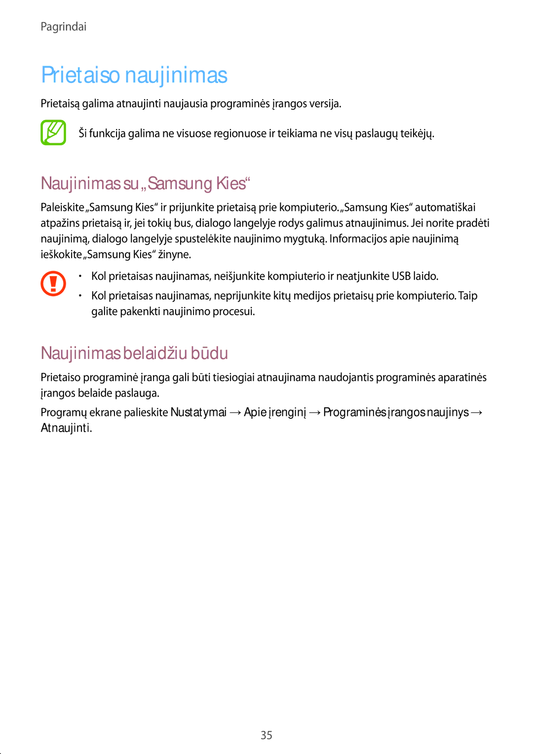 Samsung SM-G355HZKNSEB, SM-G355HZWNSEB manual Prietaiso naujinimas, Naujinimas su„Samsung Kies, Naujinimas belaidžiu būdu 