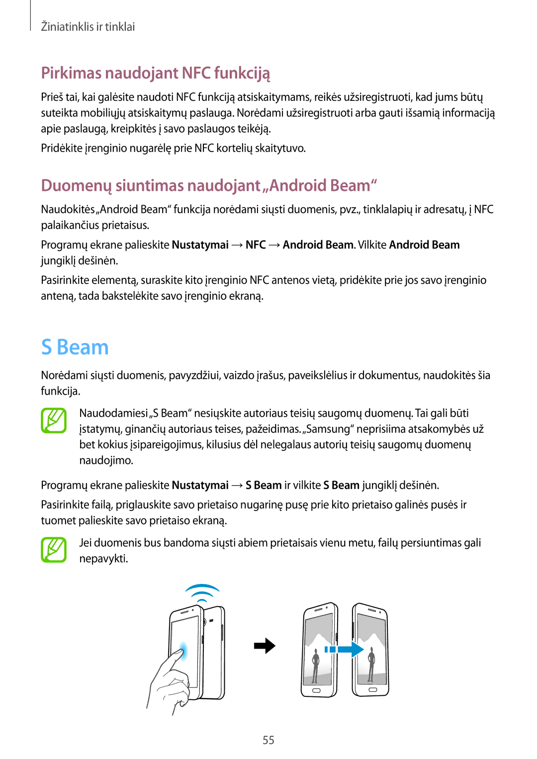 Samsung SM-G355HZKNSEB, SM-G355HZWNSEB manual Pirkimas naudojant NFC funkciją, Duomenų siuntimas naudojant„Android Beam 