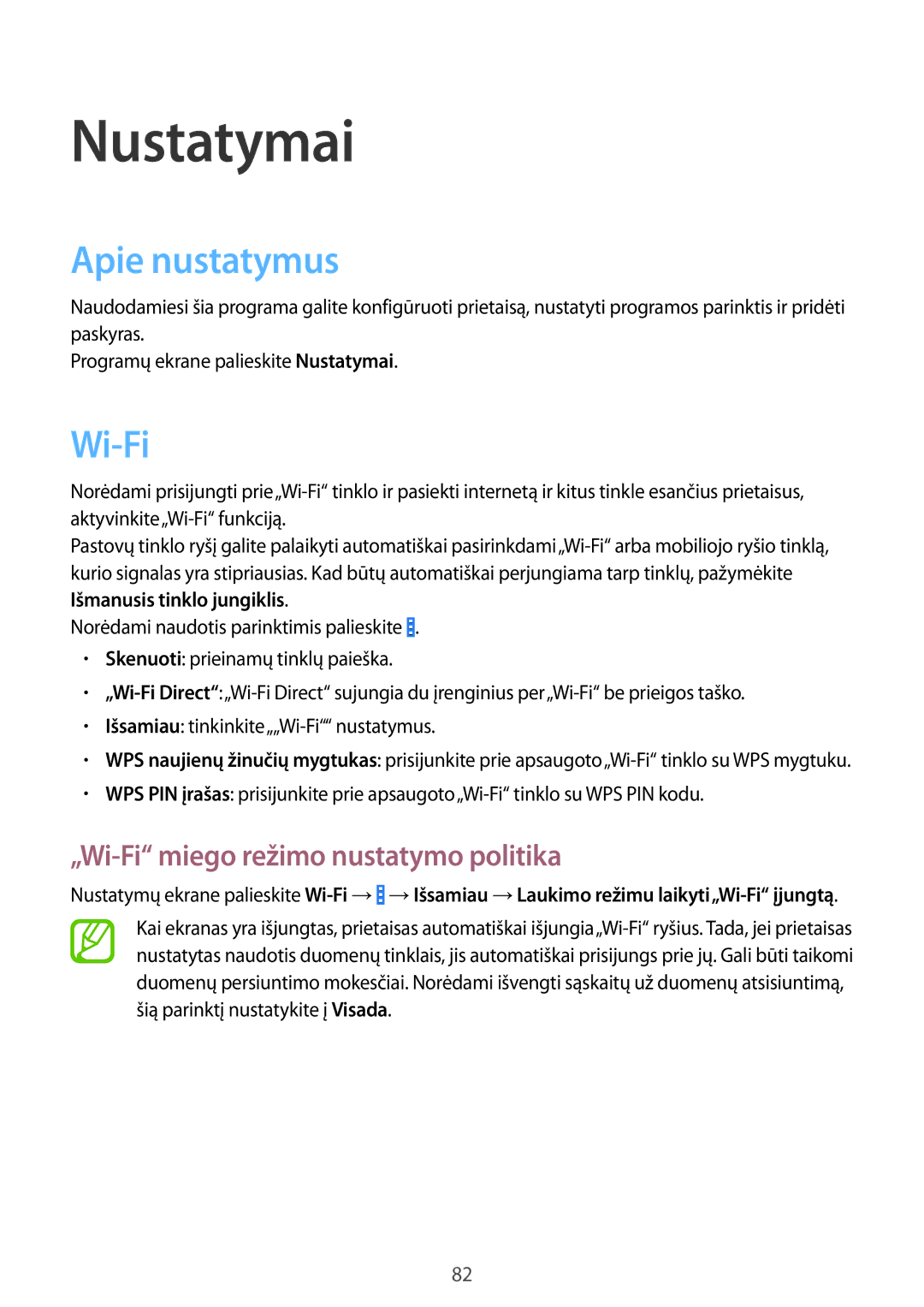 Samsung SM-G355HZWNSEB, SM-G355HZKNSEB manual Nustatymai, Apie nustatymus, „Wi-Fi miego režimo nustatymo politika 