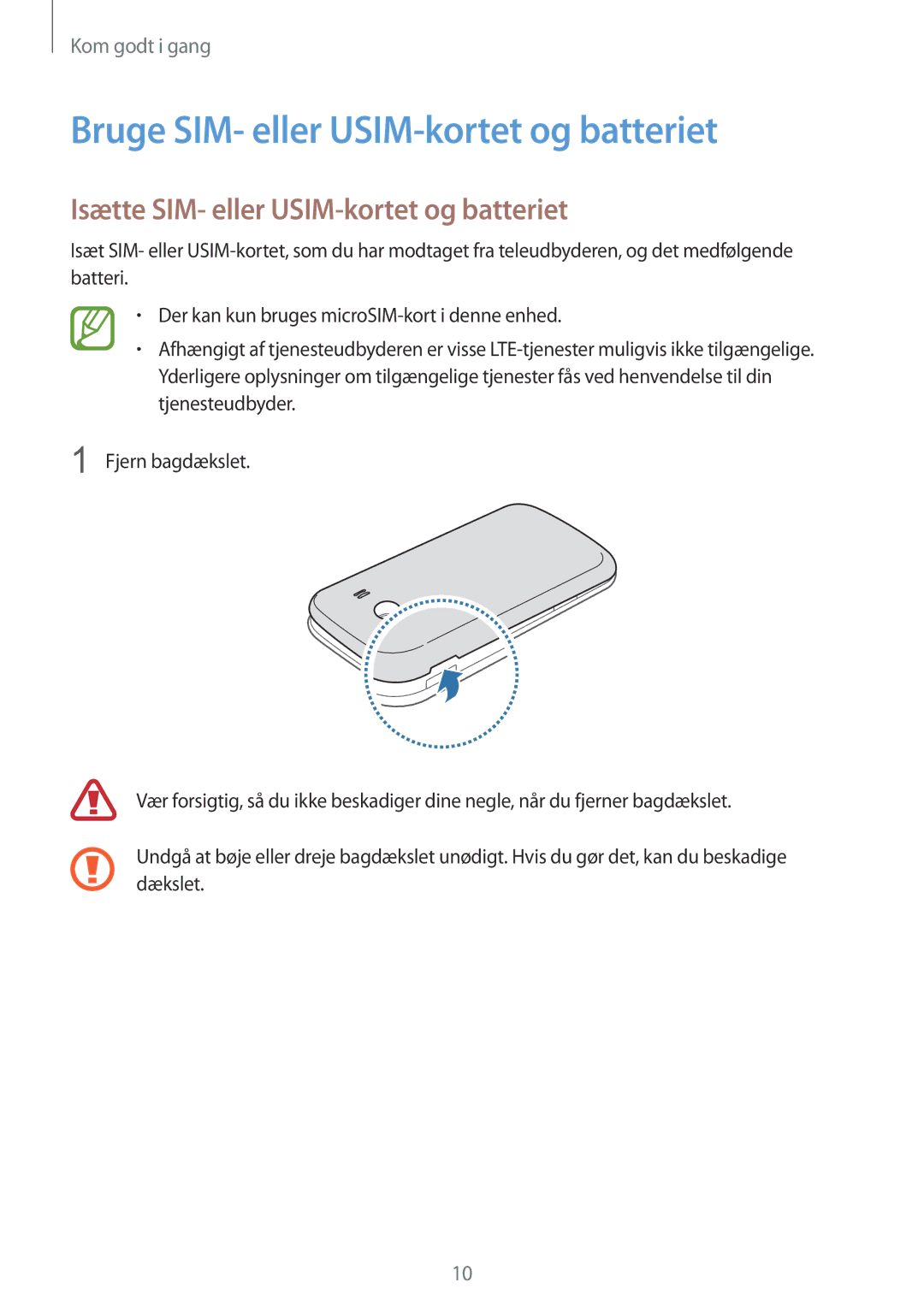 Samsung SM-G357FZAZNEE manual Bruge SIM- eller USIM-kortet og batteriet, Isætte SIM- eller USIM-kortet og batteriet 