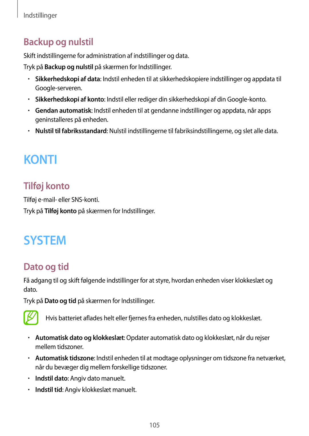 Samsung SM-G357FZAZTEN, SM-G357FZAZNEE, SM-G357FZAZVDS, SM-G357FZWZTEN manual Backup og nulstil, Tilføj konto, Dato og tid 