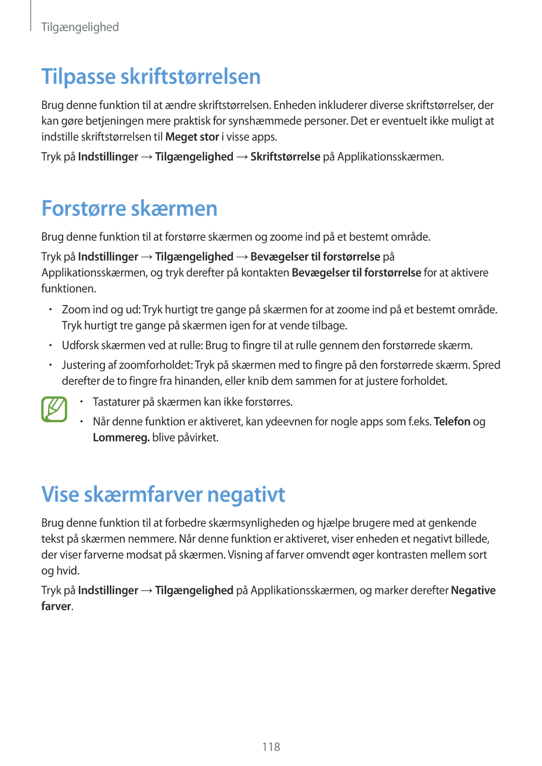 Samsung SM-G357FZAANEE, SM-G357FZAZNEE manual Tilpasse skriftstørrelsen, Forstørre skærmen, Vise skærmfarver negativt 