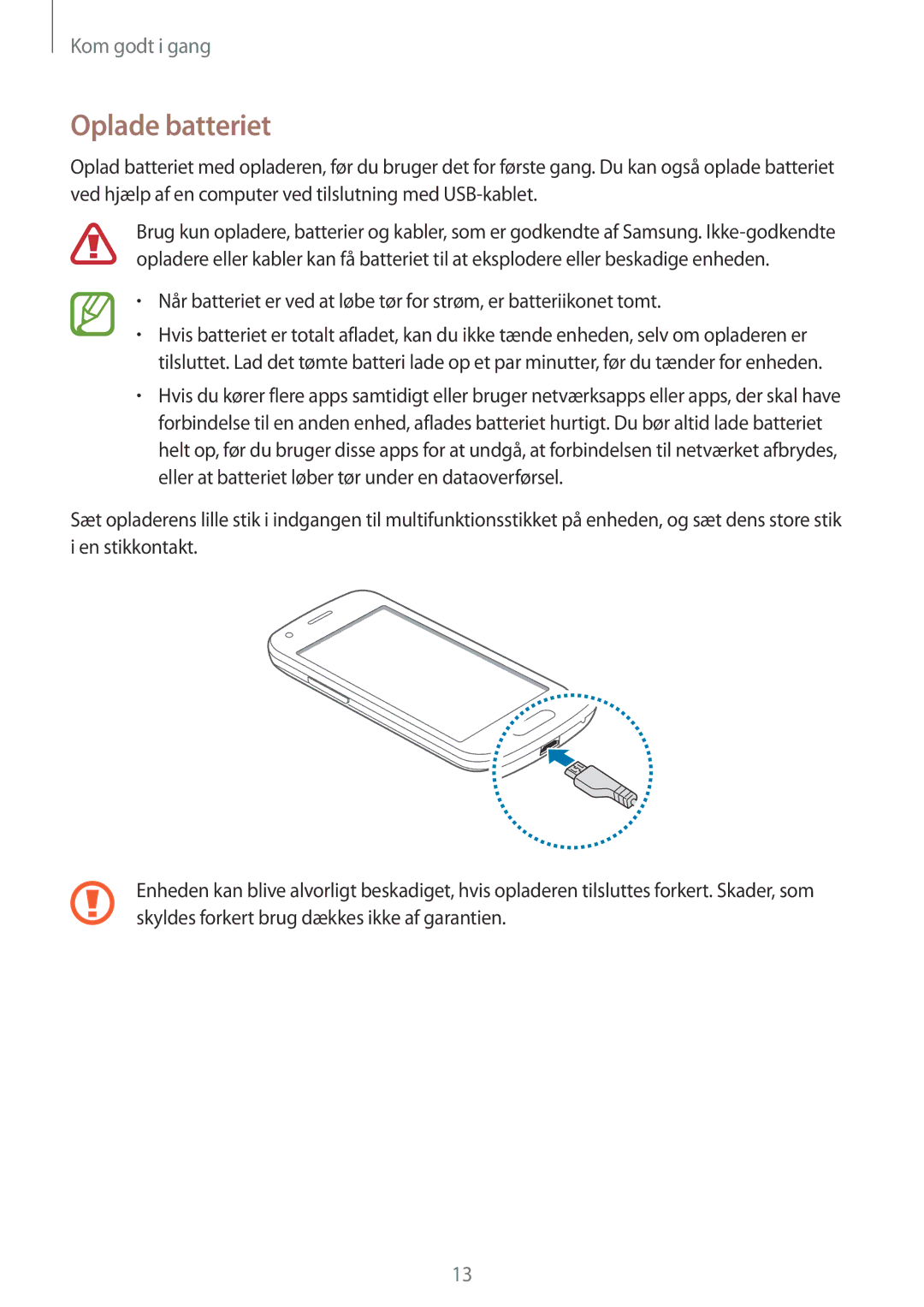 Samsung SM-G357FZWZVDS, SM-G357FZAZNEE, SM-G357FZAZVDS, SM-G357FZWZTEN, SM-G357FZAZHTS, SM-G357FZAZTEN manual Oplade batteriet 