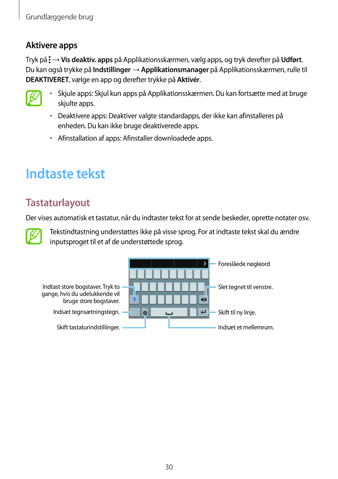 Samsung SM-G357FZAZNEE, SM-G357FZAZVDS, SM-G357FZWZTEN, SM-G357FZWZVDS manual Indtaste tekst, Tastaturlayout, Aktivere apps 