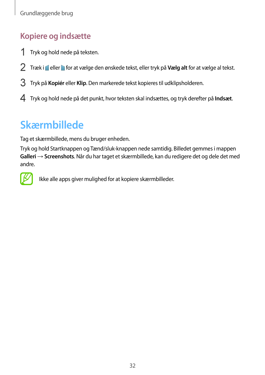 Samsung SM-G357FZWZTEN, SM-G357FZAZNEE, SM-G357FZAZVDS, SM-G357FZWZVDS, SM-G357FZAZHTS manual Skærmbillede, Kopiere og indsætte 