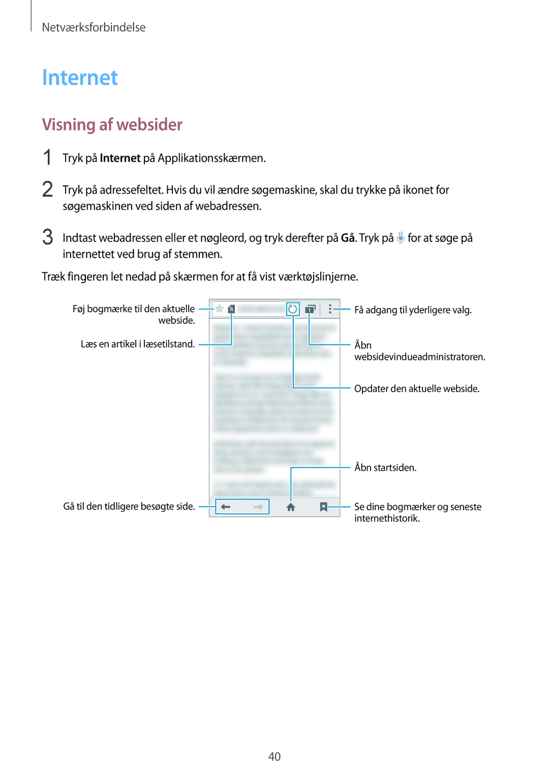 Samsung SM-G357FZAZNEE, SM-G357FZAZVDS, SM-G357FZWZTEN, SM-G357FZWZVDS, SM-G357FZAZHTS manual Internet, Visning af websider 