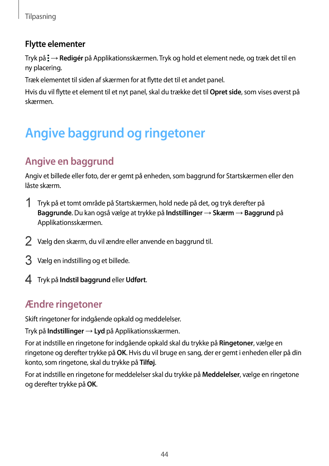 Samsung SM-G357FZAZHTS manual Angive baggrund og ringetoner, Angive en baggrund, Ændre ringetoner, Flytte elementer 