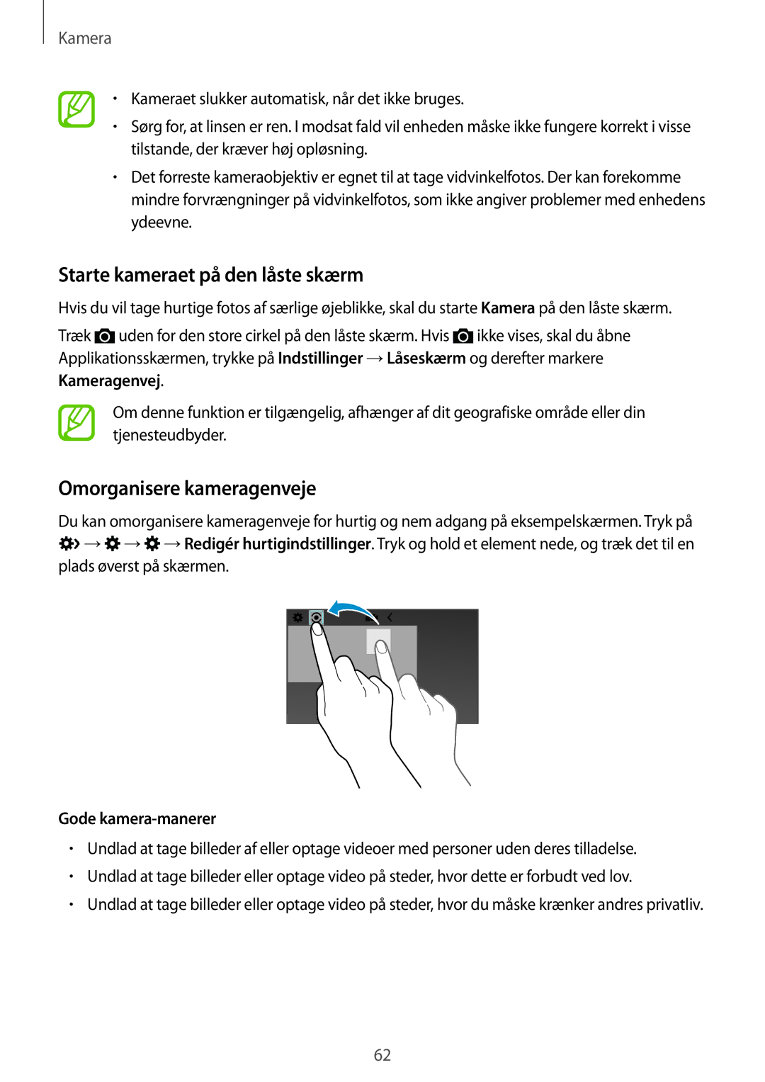 Samsung SM-G357FZWZTEN, SM-G357FZAZNEE Starte kameraet på den låste skærm, Omorganisere kameragenveje, Gode kamera-manerer 