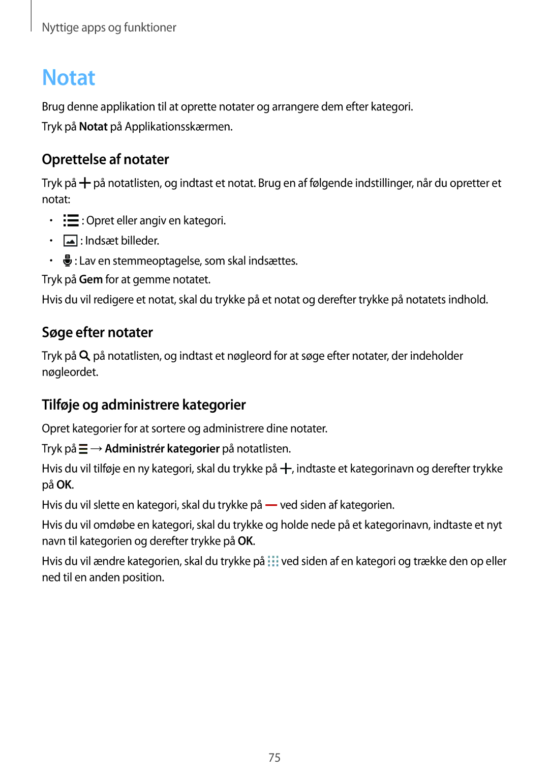 Samsung SM-G357FZAZTEN manual Notat, Oprettelse af notater, Søge efter notater, Tilføje og administrere kategorier 