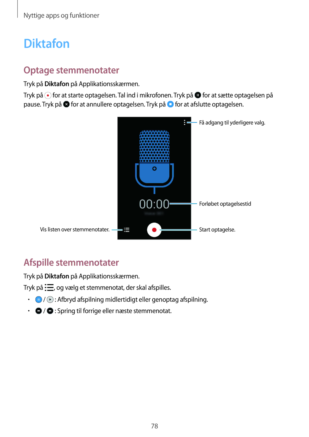 Samsung SM-G357FZAANEE, SM-G357FZAZNEE, SM-G357FZAZVDS manual Diktafon, Optage stemmenotater, Afspille stemmenotater 