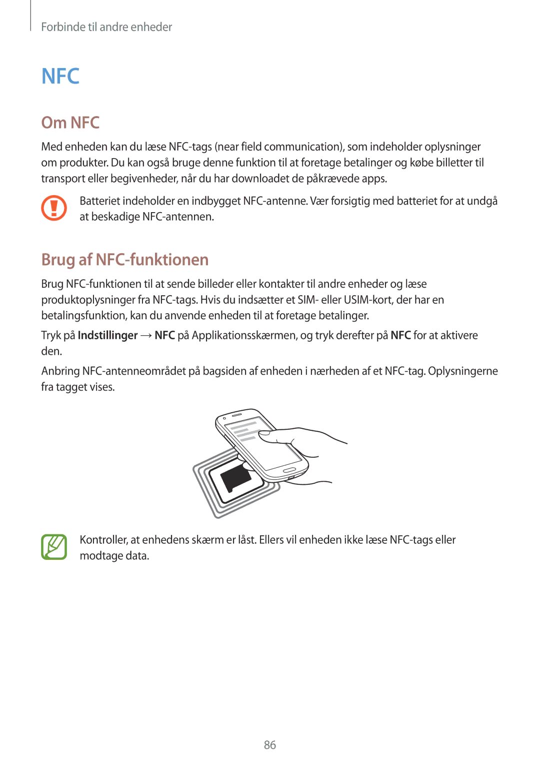 Samsung SM-G357FZWZHTS, SM-G357FZAZNEE, SM-G357FZAZVDS, SM-G357FZWZTEN, SM-G357FZWZVDS manual Om NFC, Brug af NFC-funktionen 