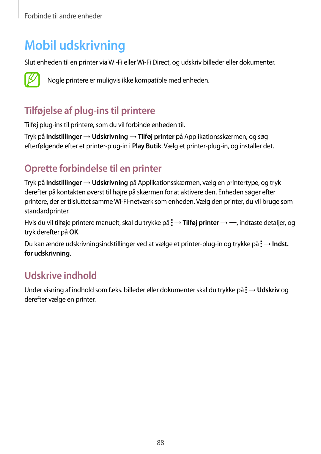 Samsung SM-G357FZAANEE manual Mobil udskrivning, Tilføjelse af plug-ins til printere, Oprette forbindelse til en printer 