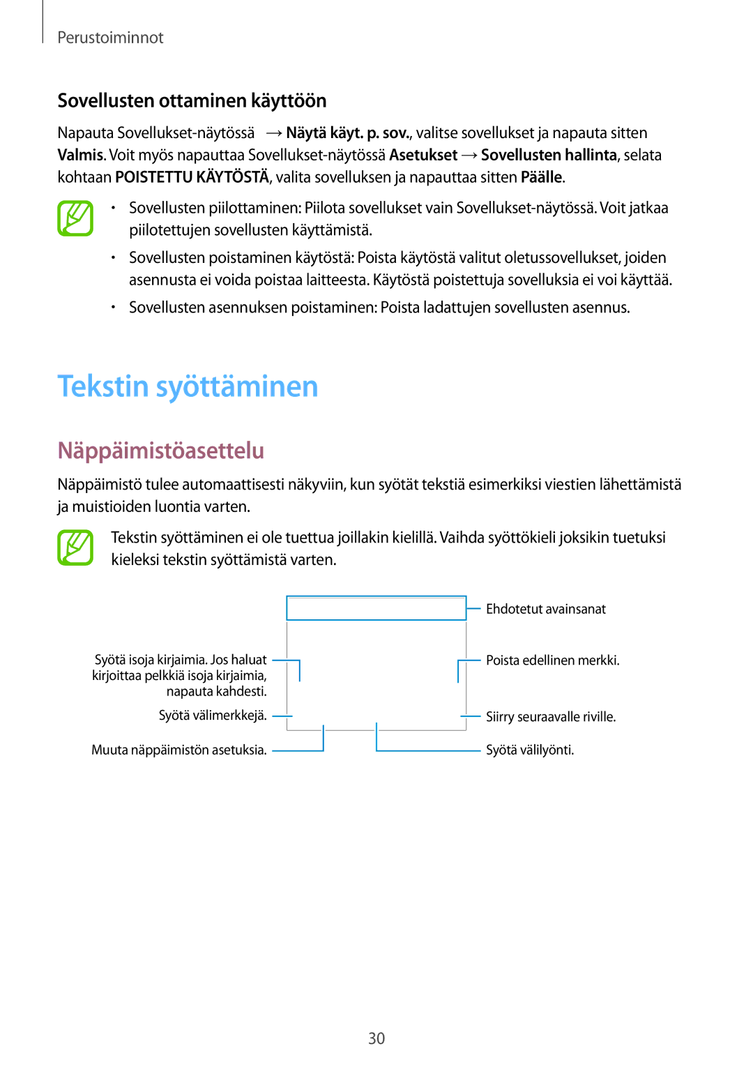 Samsung SM-G357FZAZNEE, SM-G357FZAZVDS manual Tekstin syöttäminen, Näppäimistöasettelu, Sovellusten ottaminen käyttöön 