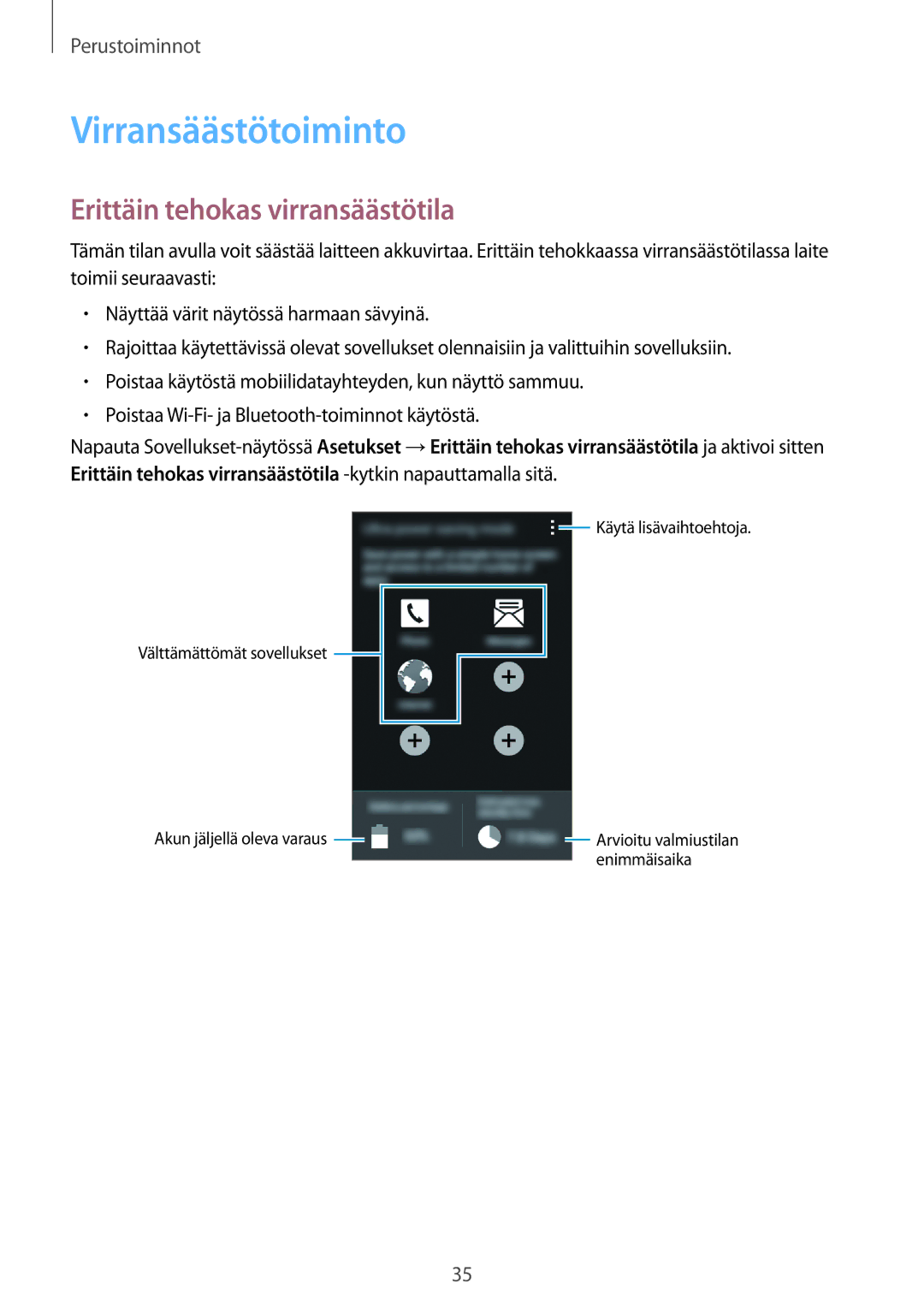 Samsung SM-G357FZAZTEN, SM-G357FZAZNEE, SM-G357FZAZVDS manual Virransäästötoiminto, Erittäin tehokas virransäästötila 