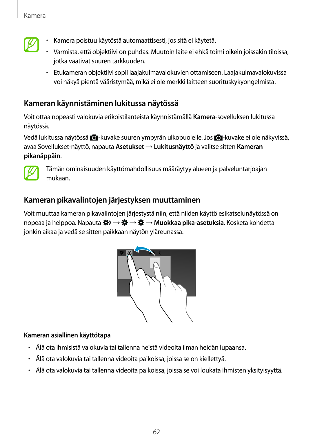 Samsung SM-G357FZWZTEN manual Kameran käynnistäminen lukitussa näytössä, Kameran pikavalintojen järjestyksen muuttaminen 