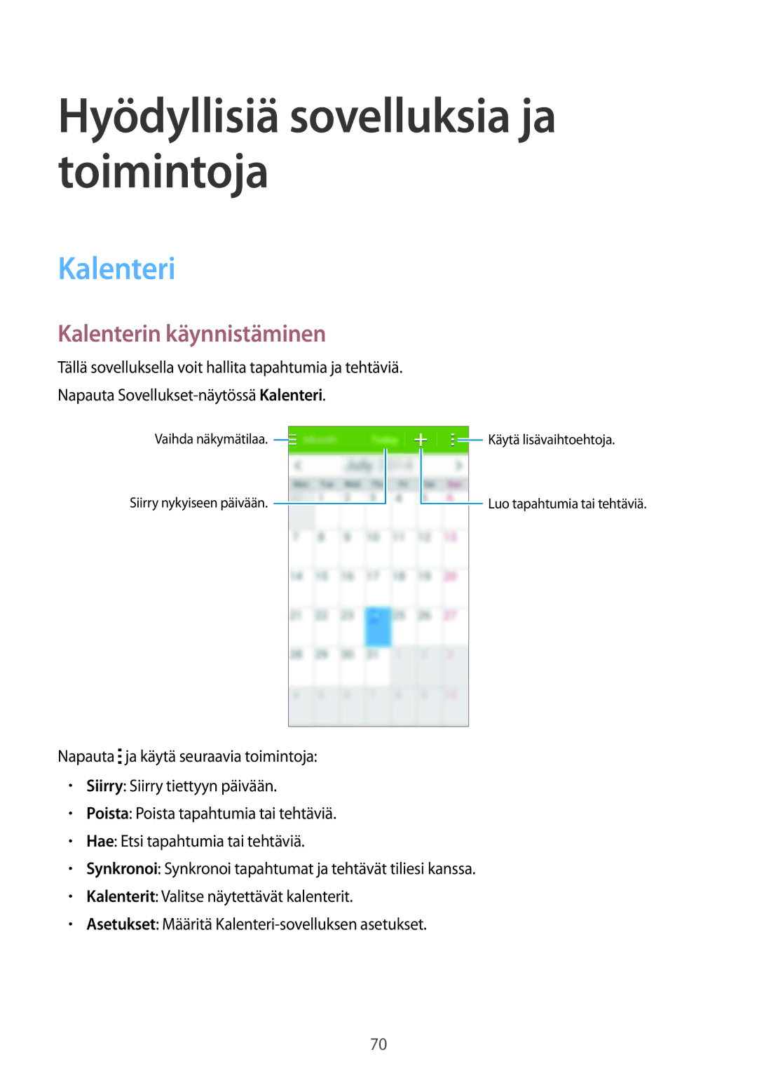 Samsung SM-G357FZAZNEE, SM-G357FZAZVDS, SM-G357FZWZTEN, SM-G357FZWZVDS, SM-G357FZAZHTS manual Kalenterin käynnistäminen 