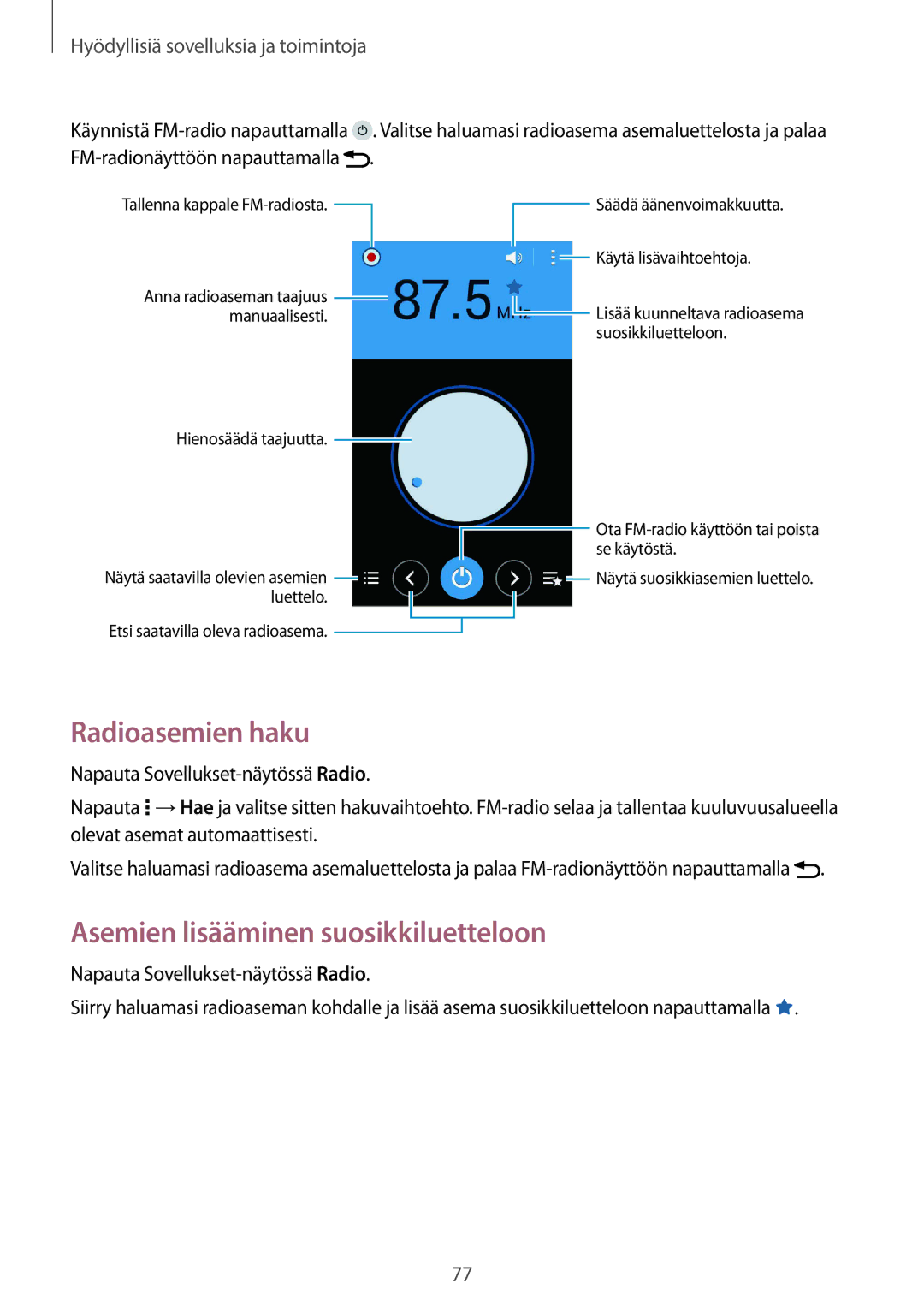 Samsung SM-G357FZWZNEE, SM-G357FZAZNEE, SM-G357FZAZVDS manual Radioasemien haku, Asemien lisääminen suosikkiluetteloon 