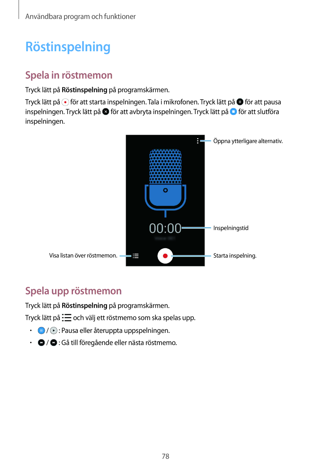 Samsung SM-G357FZAANEE, SM-G357FZAZNEE, SM-G357FZAZVDS manual Röstinspelning, Spela in röstmemon, Spela upp röstmemon 