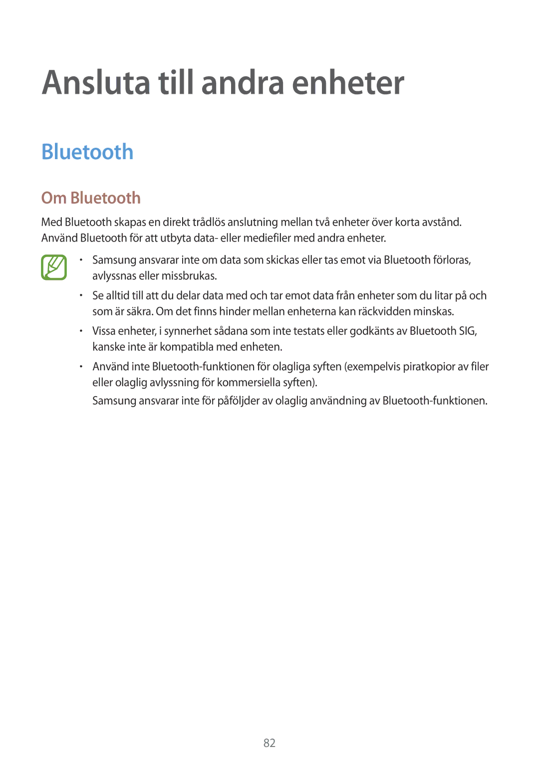 Samsung SM-G357FZWZTEN, SM-G357FZAZNEE, SM-G357FZAZVDS, SM-G357FZWZVDS manual Ansluta till andra enheter, Om Bluetooth 