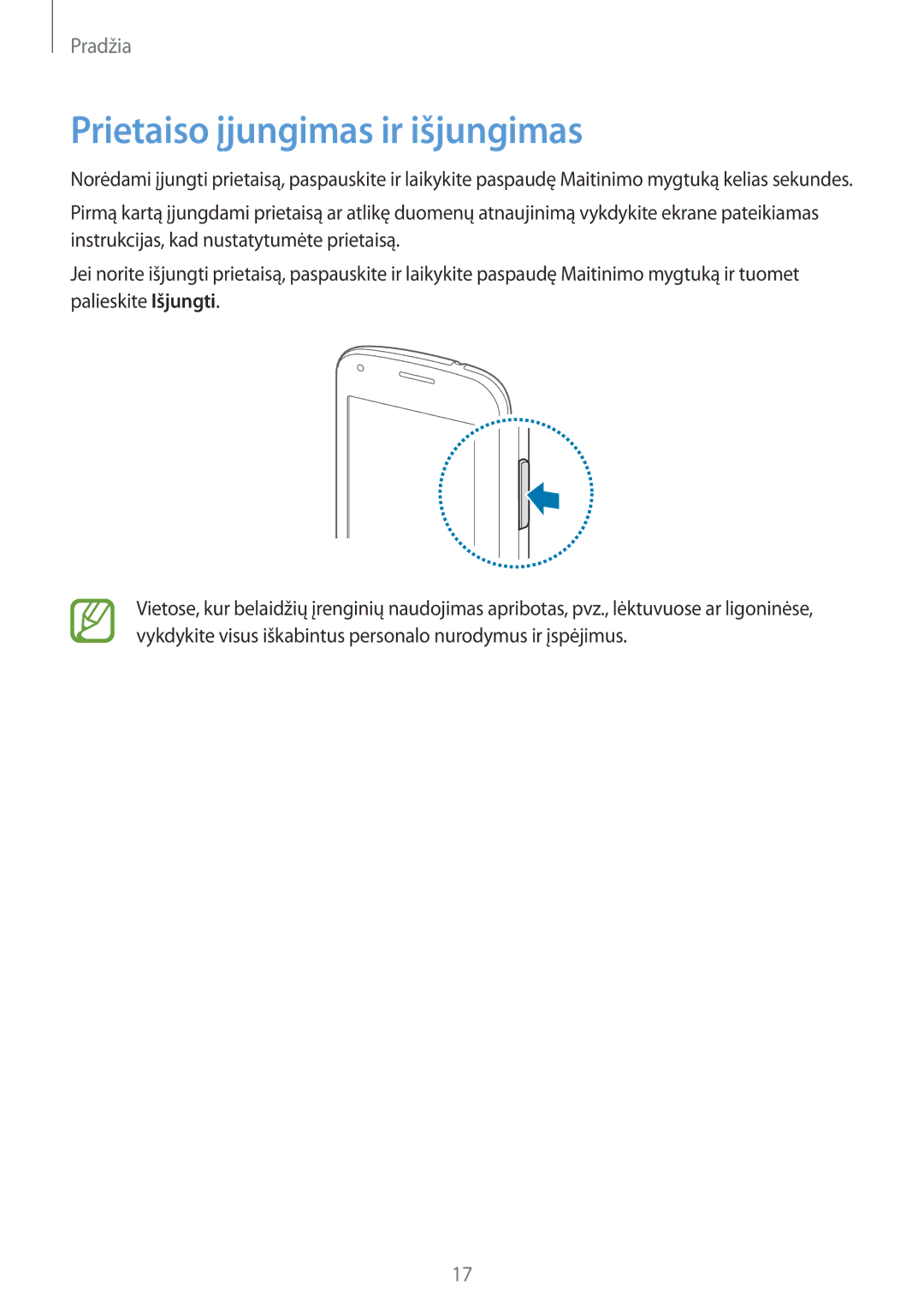 Samsung SM-G357FZWZSEB, SM-G357FZAZSEB manual Prietaiso įjungimas ir išjungimas 