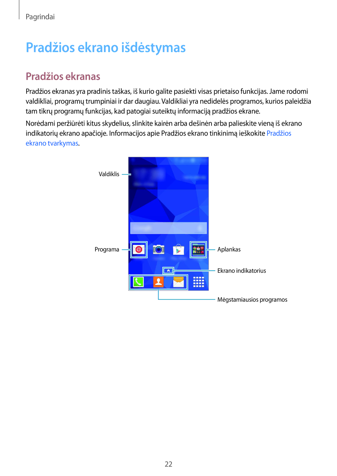 Samsung SM-G357FZAZSEB, SM-G357FZWZSEB manual Pradžios ekrano išdėstymas, Pradžios ekranas 