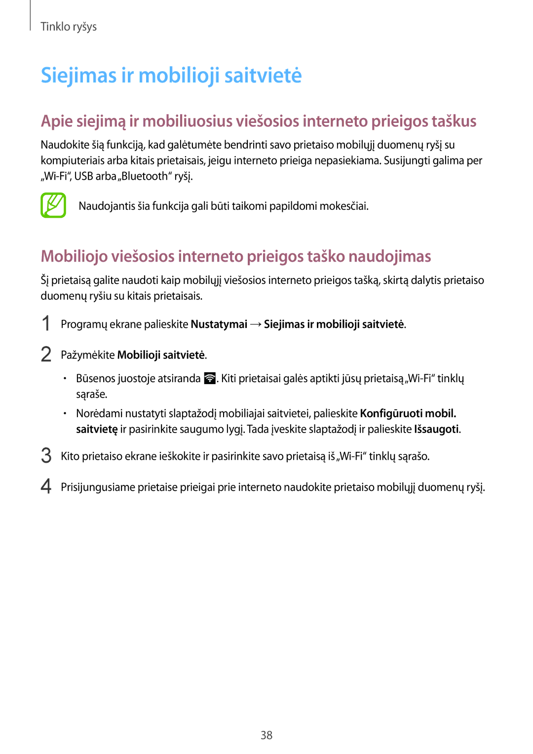 Samsung SM-G357FZAZSEB manual Siejimas ir mobilioji saitvietė, Mobiliojo viešosios interneto prieigos taško naudojimas 