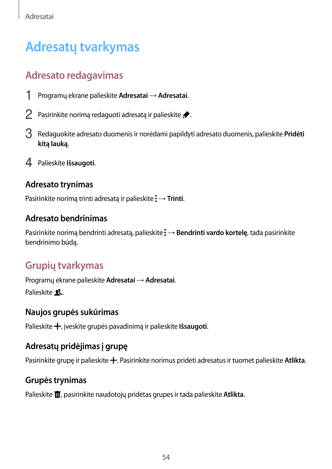 Samsung SM-G357FZAZSEB, SM-G357FZWZSEB manual Adresatų tvarkymas, Adresato redagavimas, Grupių tvarkymas 