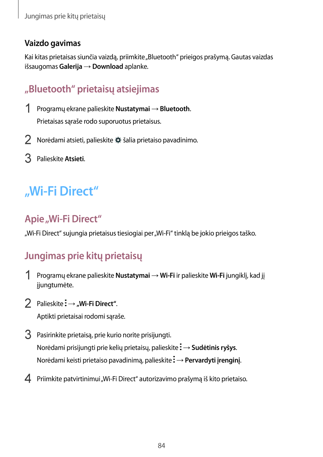 Samsung SM-G357FZAZSEB manual „Bluetooth prietaisų atsiejimas, Apie„Wi-Fi Direct, Jungimas prie kitų prietaisų 