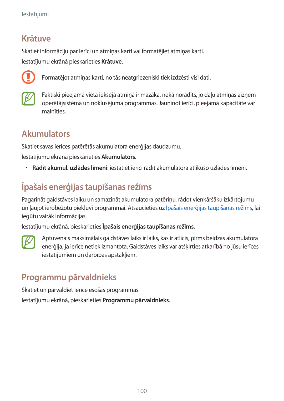 Samsung SM-G357FZAZSEB, SM-G357FZWZSEB manual Krātuve, Akumulators, Programmu pārvaldnieks 