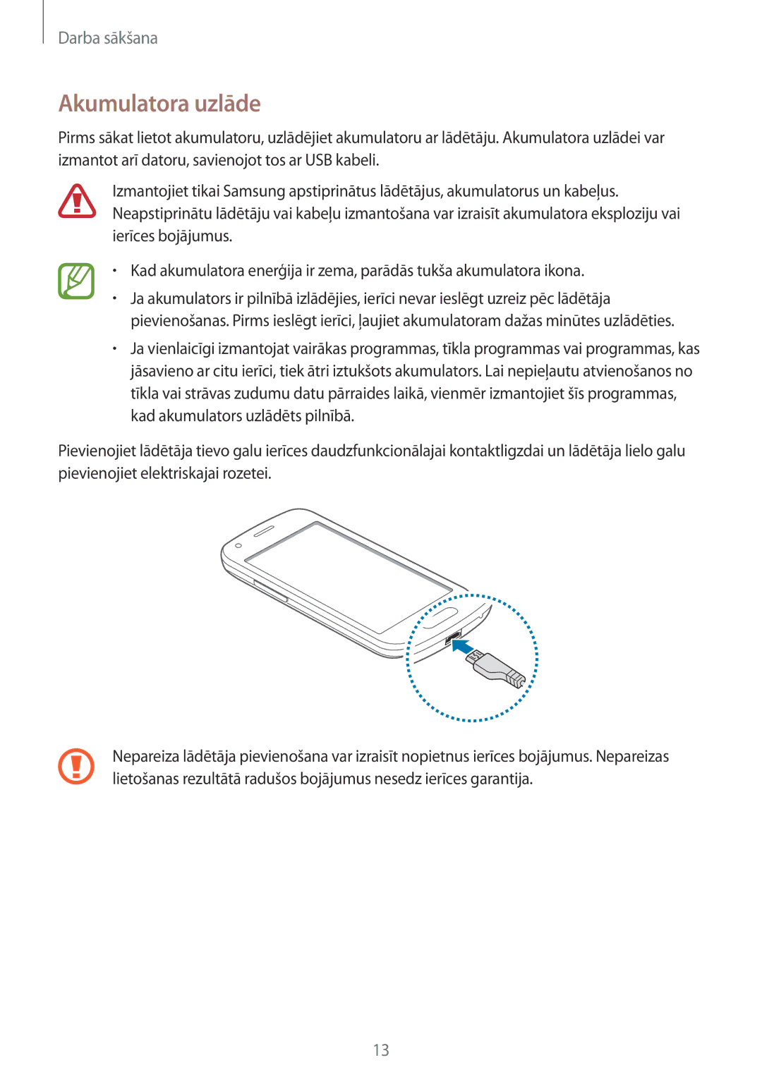 Samsung SM-G357FZWZSEB, SM-G357FZAZSEB manual Akumulatora uzlāde 