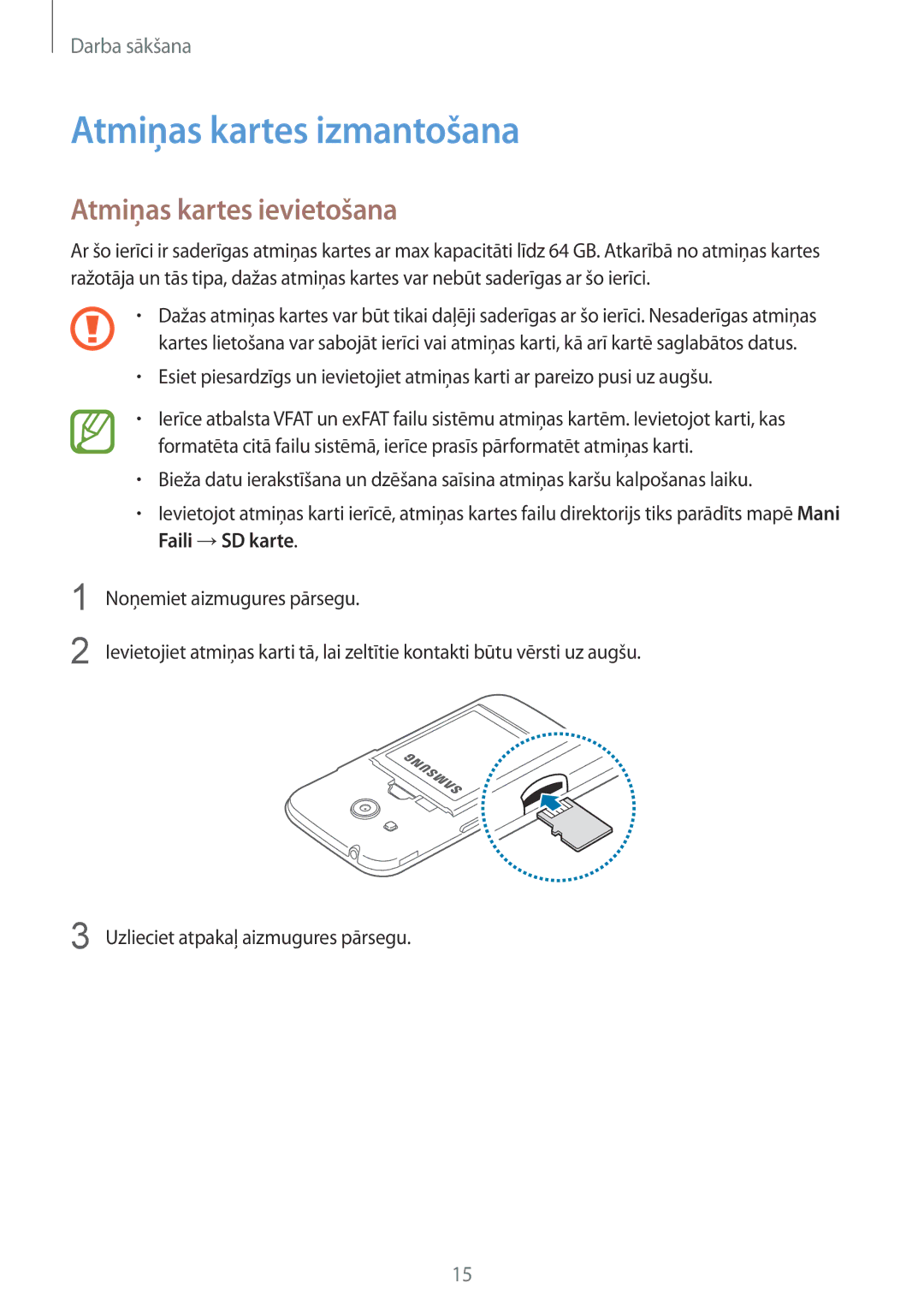 Samsung SM-G357FZWZSEB, SM-G357FZAZSEB manual Atmiņas kartes izmantošana, Atmiņas kartes ievietošana 