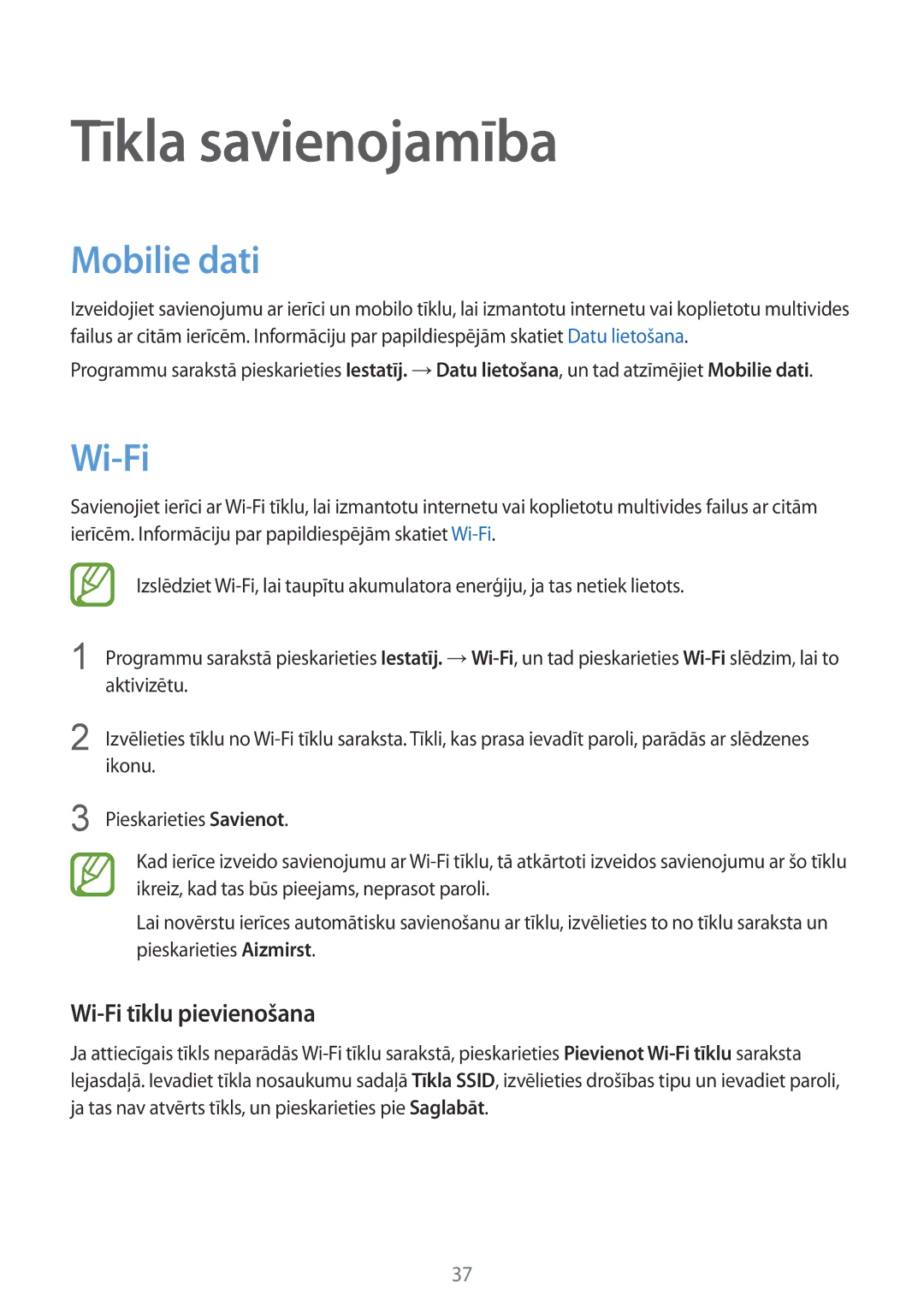 Samsung SM-G357FZWZSEB, SM-G357FZAZSEB manual Tīkla savienojamība, Mobilie dati, Wi-Fi tīklu pievienošana 