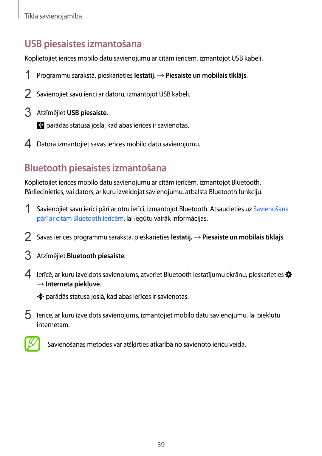 Samsung SM-G357FZWZSEB manual USB piesaistes izmantošana, Bluetooth piesaistes izmantošana, Atzīmējiet USB piesaiste 