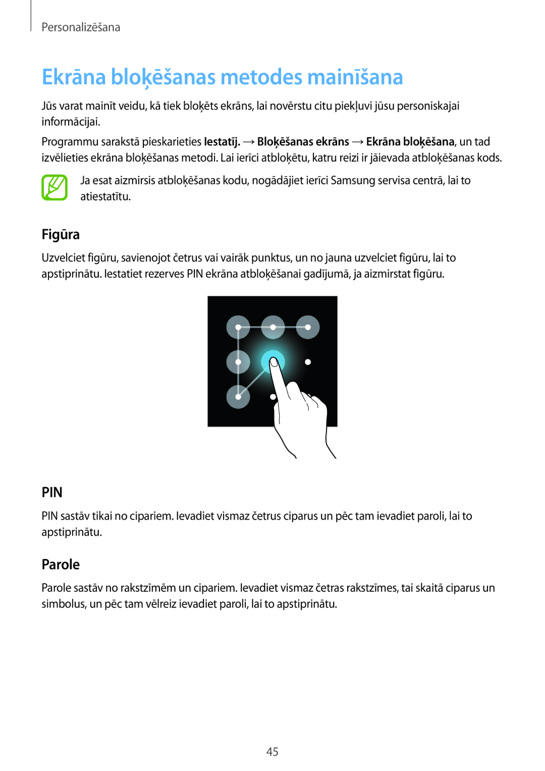 Samsung SM-G357FZWZSEB, SM-G357FZAZSEB manual Ekrāna bloķēšanas metodes mainīšana, Figūra, Parole 