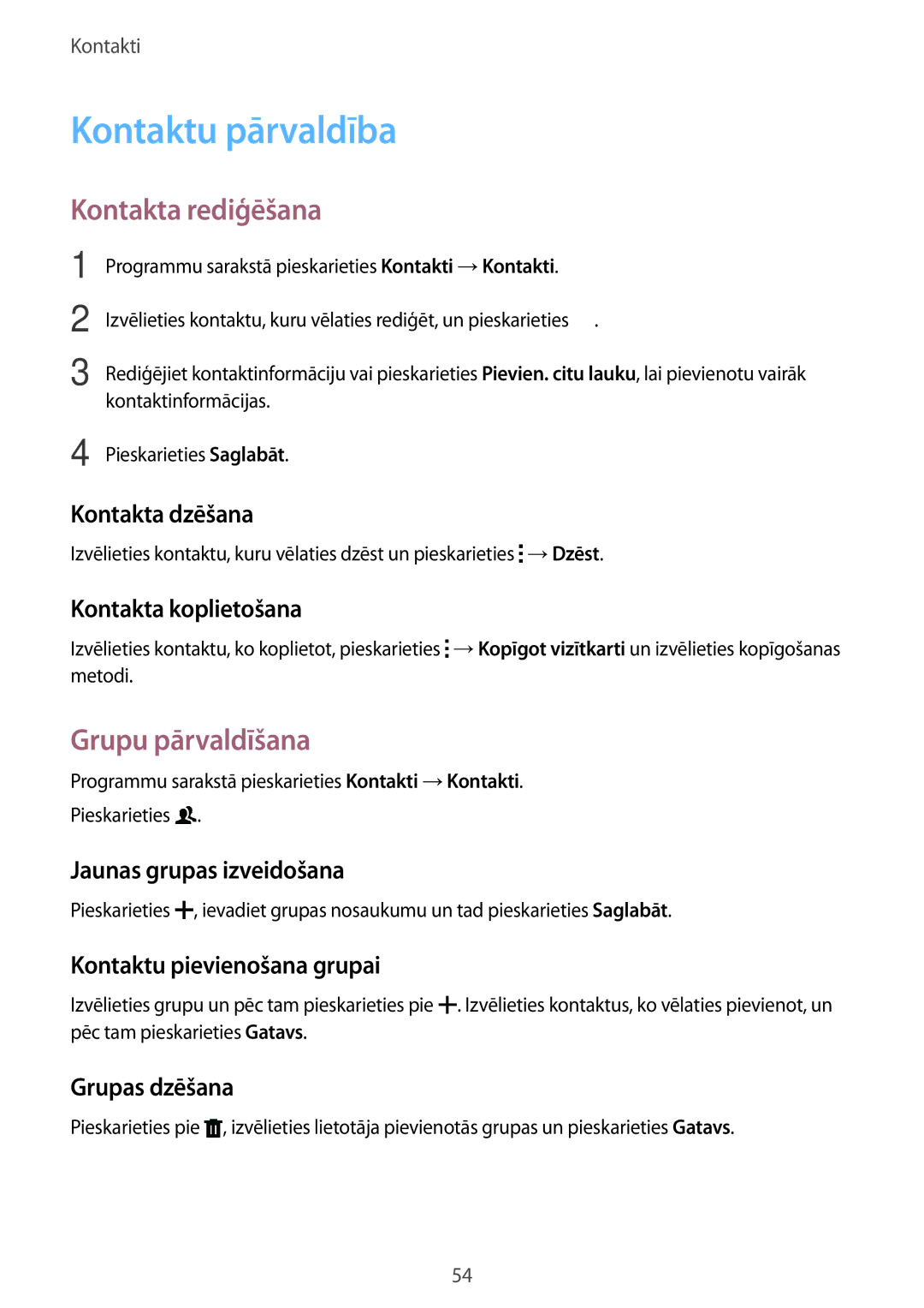 Samsung SM-G357FZAZSEB, SM-G357FZWZSEB manual Kontaktu pārvaldība, Kontakta rediģēšana, Grupu pārvaldīšana 